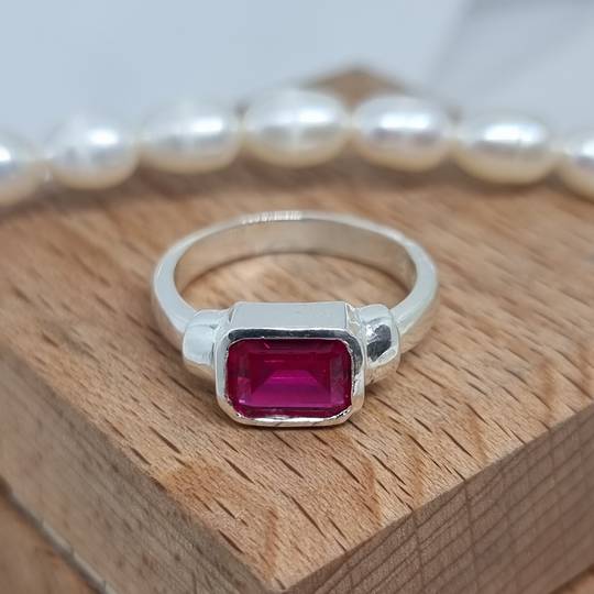 Silver ring with rectangle synthetic ruby gemstone - made in NZ